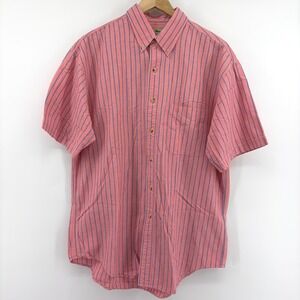 LL Bean Mens L Vintage Short Sleeve Button Down Shirt Salmon Pink Blue Stripe